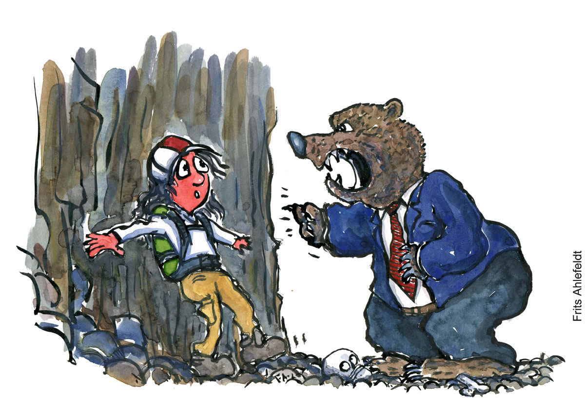 Illustration af en mand som er fanget mellem en stenvæg og en bjørn i jakkesæt - Vandrefilosofi tegning af Frits Ahlefeldt