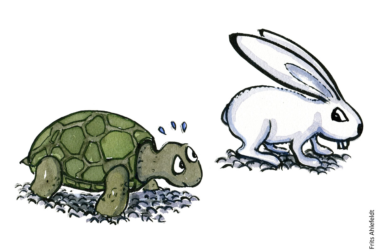 Illustration af en skilpadde og en kanin, som skal løbe om kap - Tegning af Frits Ahlefeldt