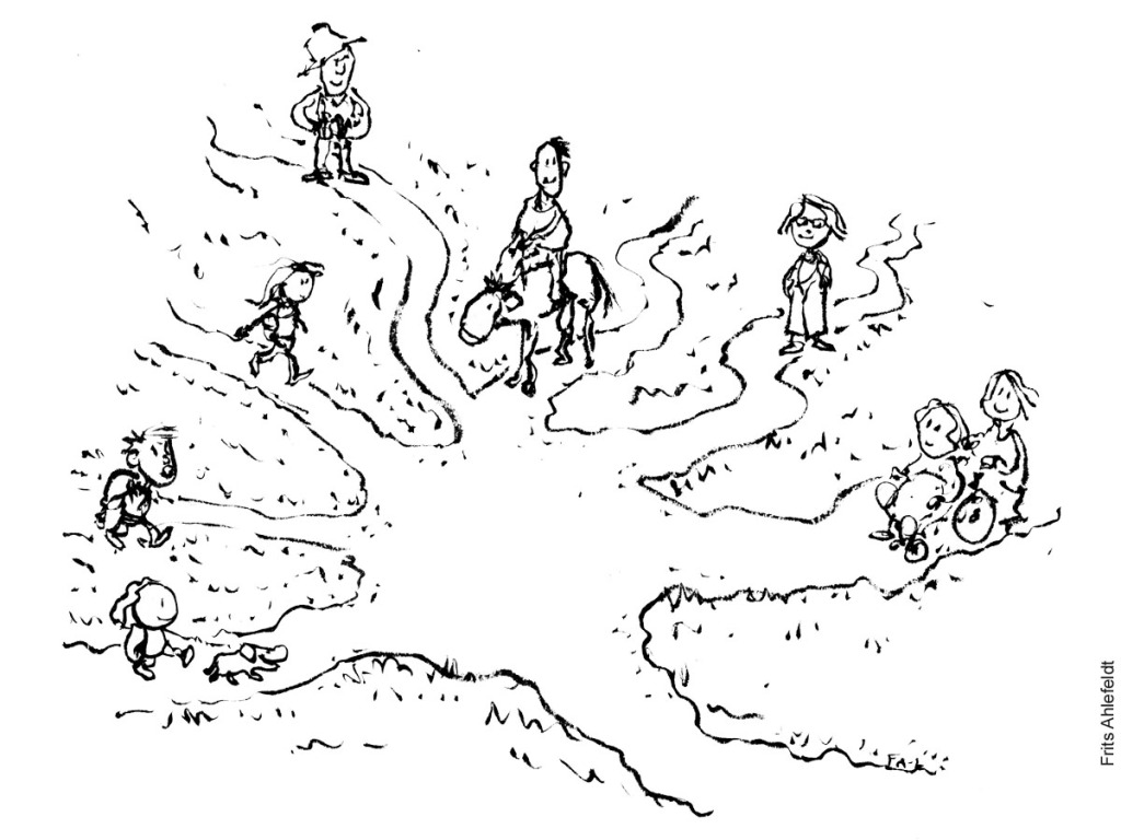 Tegning af mange stier som mødes. Vandrefilosofi streg illustration af frits Ahlefeldt
