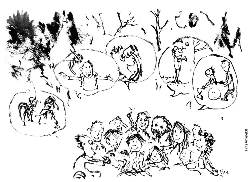 Tegning af en gruppe mennesker som deler oplevelser og historier omkring et lejrbål. Vandrefilosofi streg illustration af frits Ahlefeldt