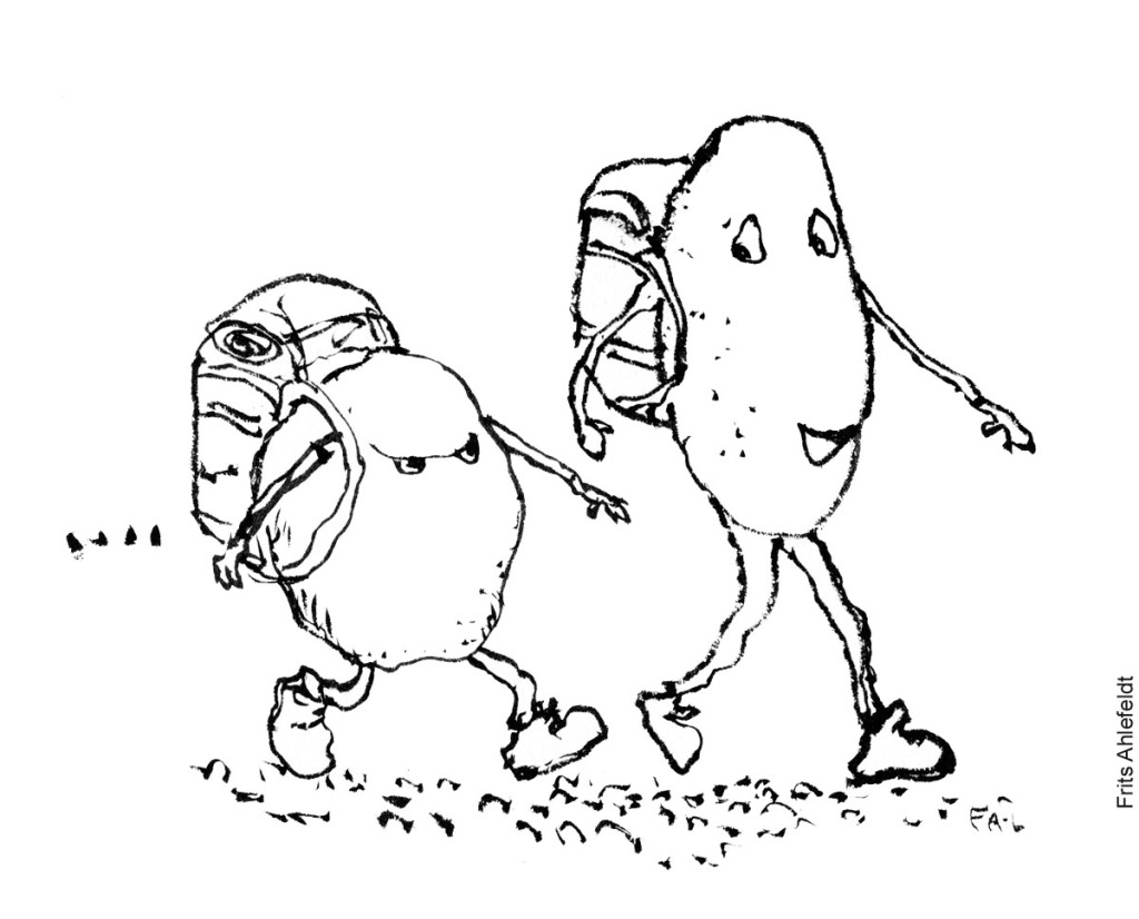 Tegning af to sofakartofler på vandretur. Vandrefilosofi streg illustration af frits Ahlefeldt