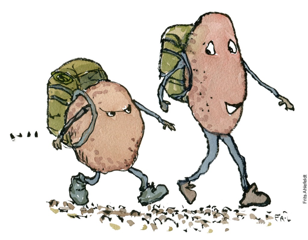 Tegning af to sofakartofler på vandretur. Vandrefilosofi illustration af frits Ahlefeldt