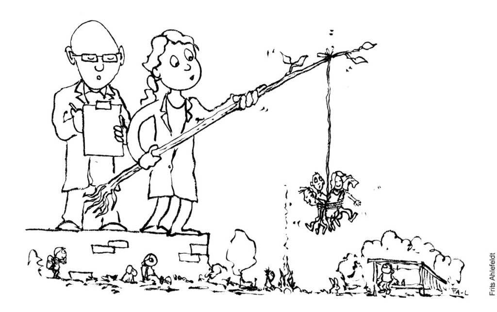 Tegning af to forskere som laver forsøg med at sætte folk ud i naturen. Vandrefilosofi streg illustration af frits Ahlefeldt