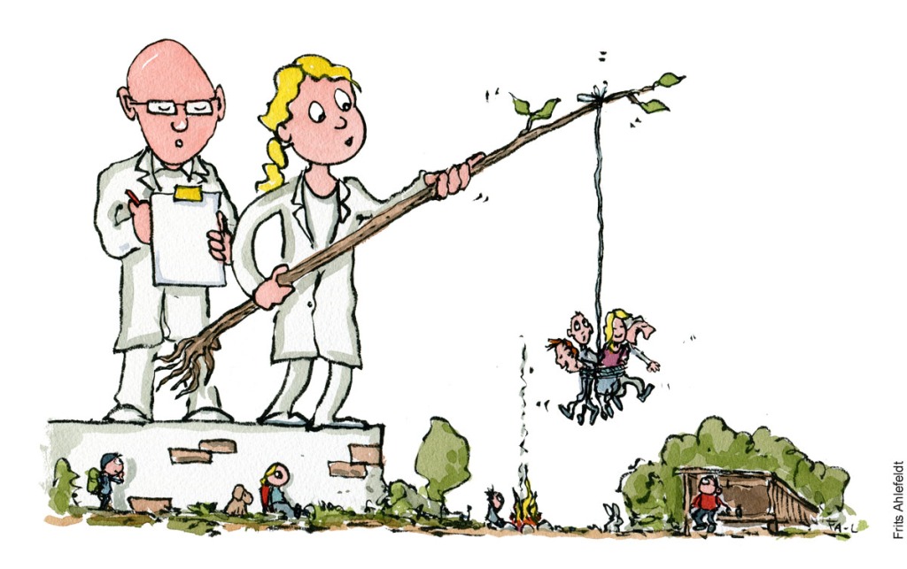 Tegning af to forskere som laver forsøg med at sætte folk ud i naturen. Vandrefilosofi illustration af frits Ahlefeldt