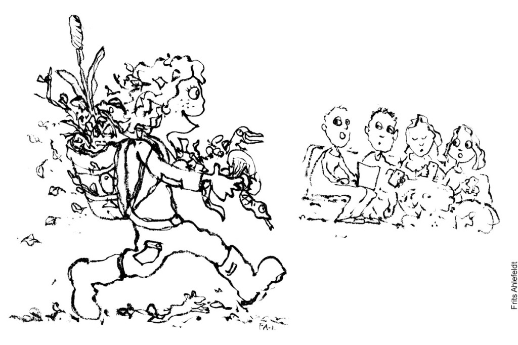 Tegning af vandrer som bringer natur ind til dem som ikke kan komme ud - Vandrefilosofi Sort hvid illustration af Frits Ahlefeldt