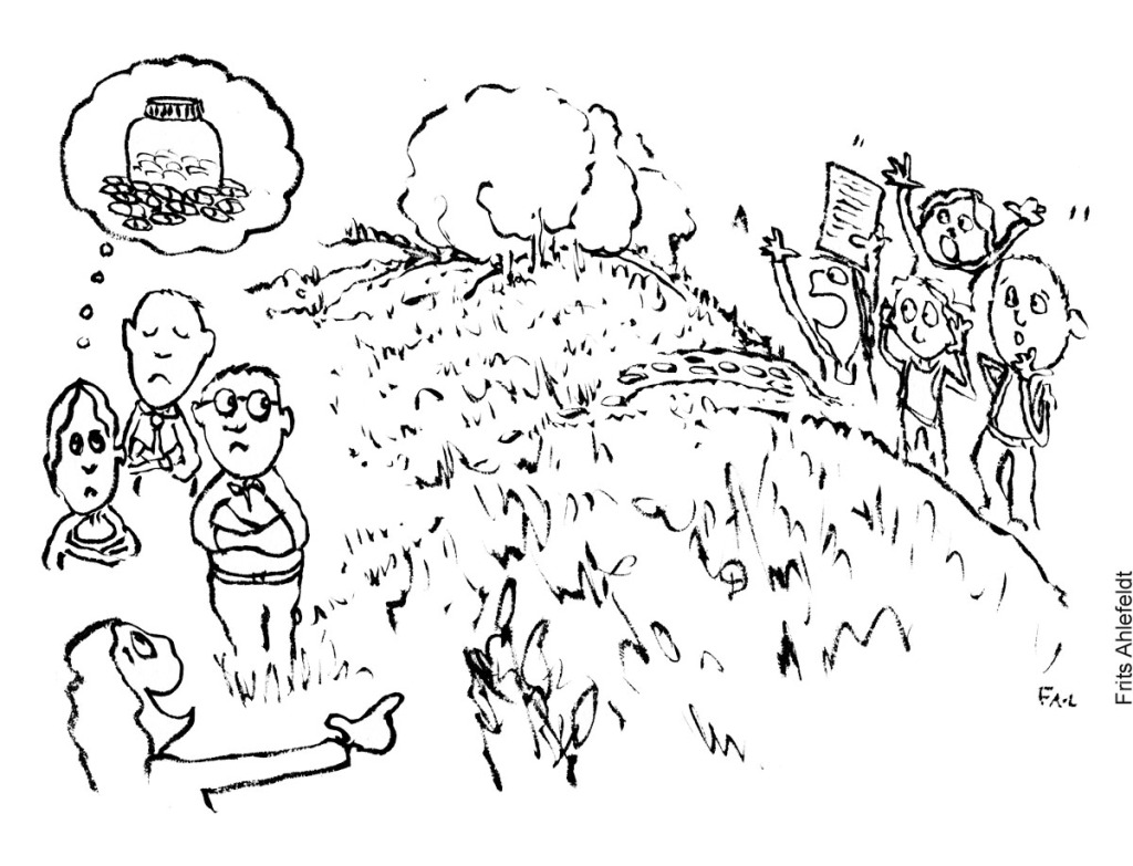 Tegning af folk som ikke ser fordele af friluftsarbejde på anden side af bakke Illustration af Frits Ahlefeldt