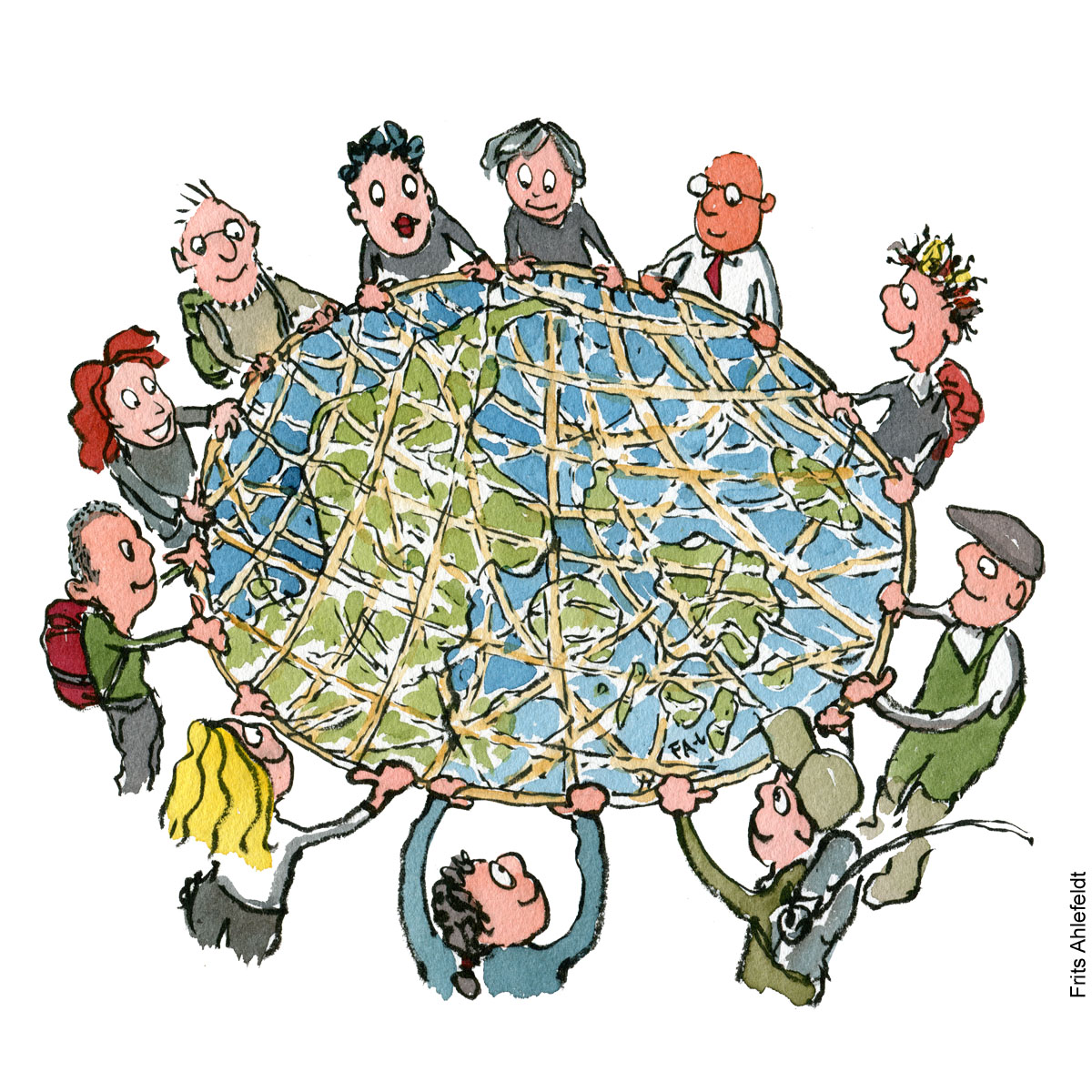 Tegning af folk som holder et net stier som spænder Danmark ud som grøn infrastruktur. Illustration af Frits Ahlefeldt