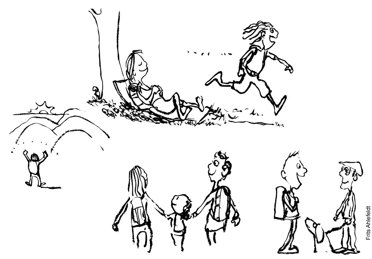 Tegning af forskellige grunde til at vandre i naturen. Illustration af Frits Ahlefeldt