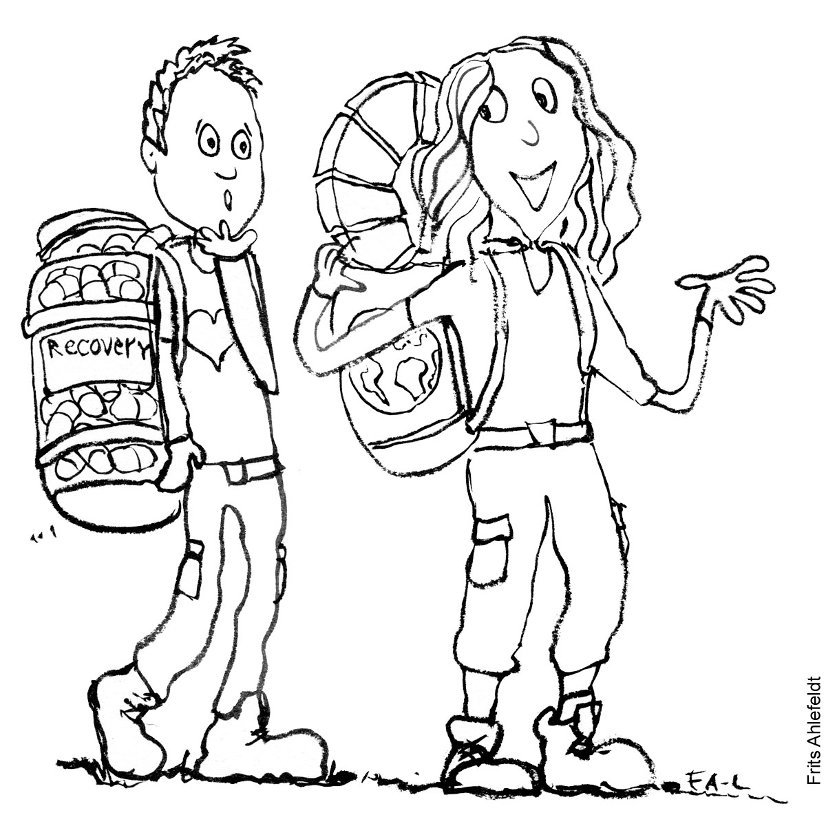 Tegning af to vandrere, en med et pilleglas og recovery tekst, som går for sit helbred, og en med verdensmål i sin rygsæk, som går for en bedre verden. Vandrefilosofi illustration af Frits Ahlefeldt